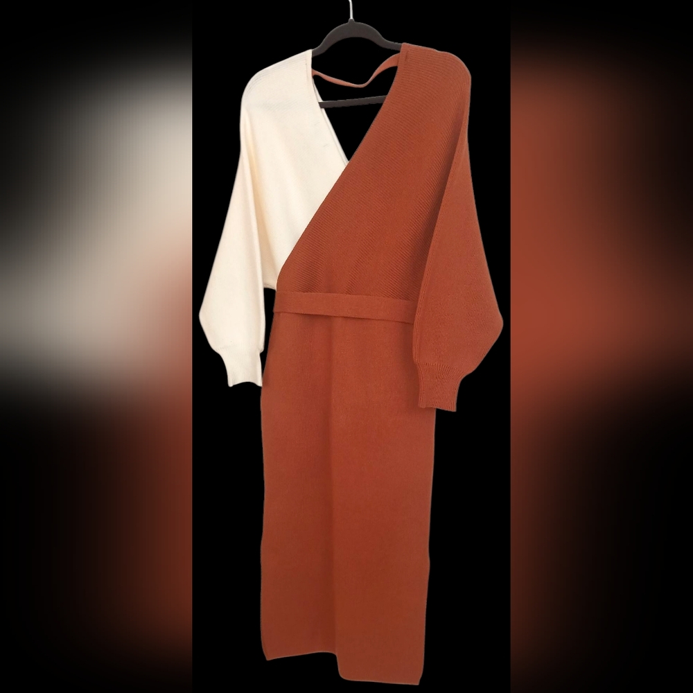 Fashion Nova Women's Crisscross Knitted Dress- Brown/ Off White- Size 2XL NWOT - Picture 2 of 3